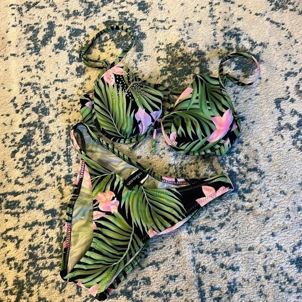 Endless Sun Jungle Print Pink Flower Bikini Medium adjustable straps